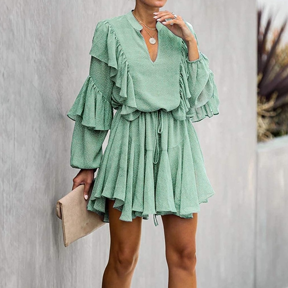 💚MITILLY 💚 V Neck Long Sleeve Polka Dot Dress